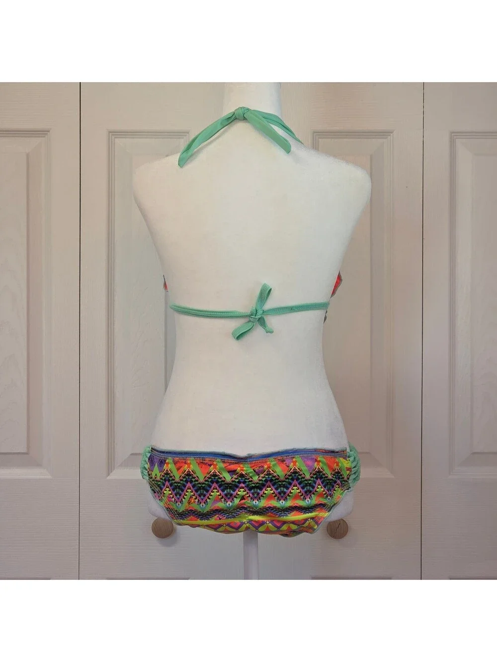 Vintage Y2K Beaded Geometric Print Swimsuit Boho Tropical Halter Deep Plunge